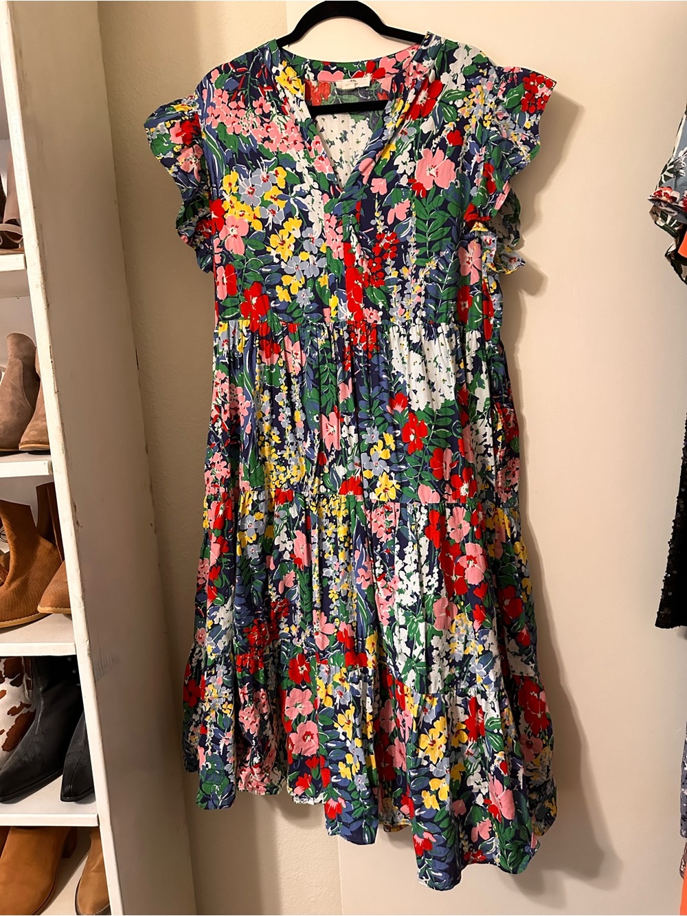 entro Navy Floral Tiered Dress with Red, Pink & Yellow Blooms